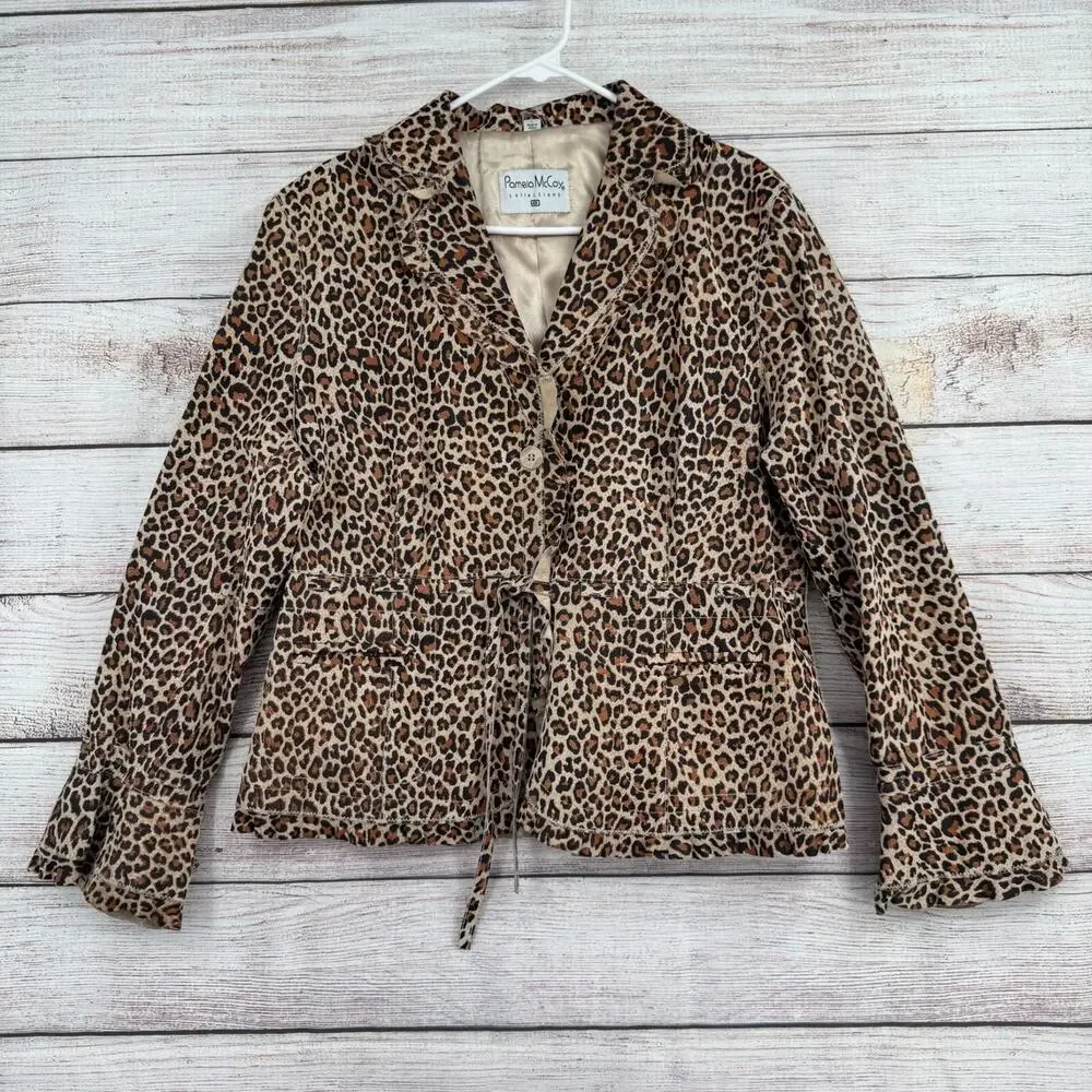 Pamela McCoy Collections Leopard Print Leather Blazer Women's Large Beige